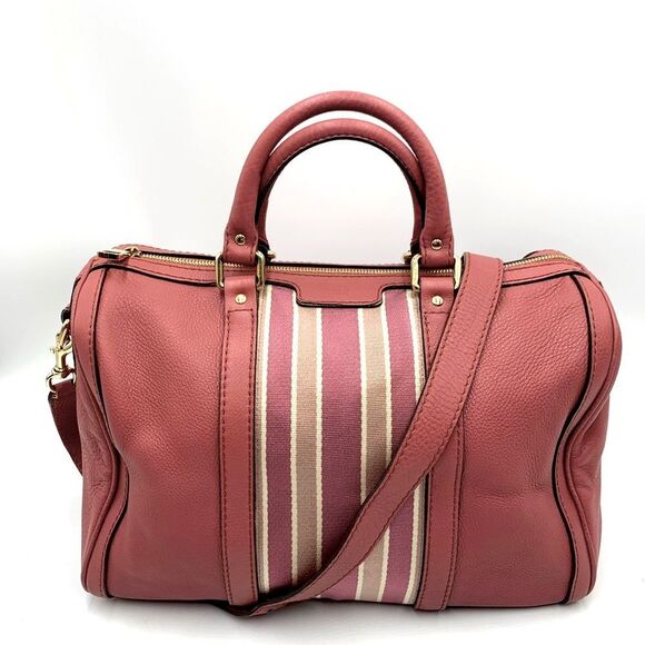 Auth Gucci Rose Pink Leather Web Line Boston Speedy 2way Tote Bag Preloved - Picture 7 of 16